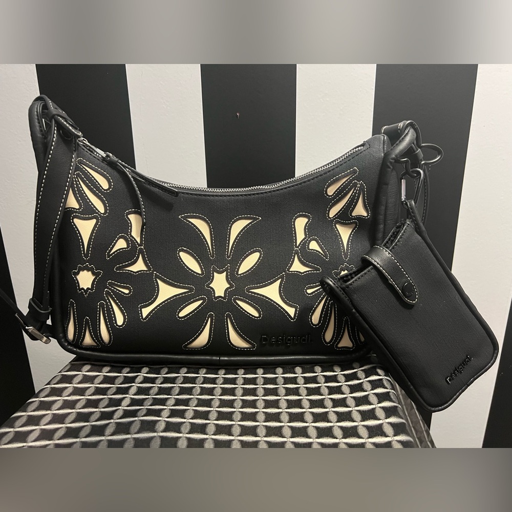 Desigual Black and Cream Shoulder Bag with Cutout Flower Details
